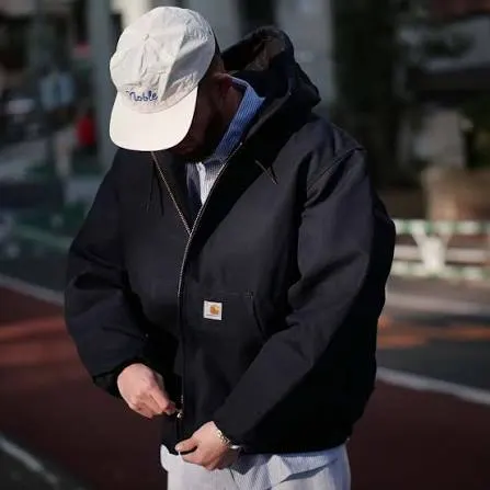Navy Carhartt hooded jacket look