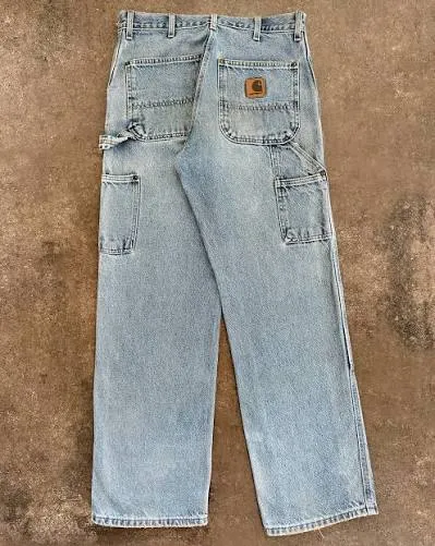 Vintage Carhartt Denim Double Knee Carpenter Jeans — Light Wash — full view, slightly worn condition