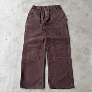 Vintage Carhartt Double Knee Duck Pants — Dark Maroon Brown — full view, broken in condition