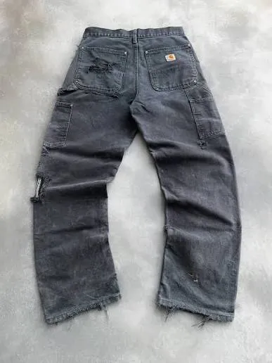 Vintage Carhartt Double Knee Duck Pants — Distressed Charcoal — full view, like new condition