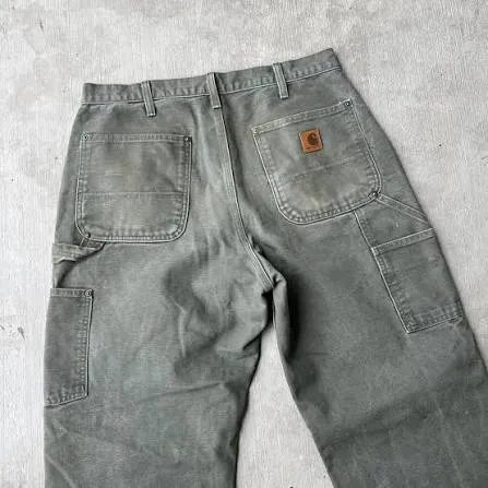 Vintage Carhartt Double Knee Duck Pants — Sage Green — full view, broken in condition