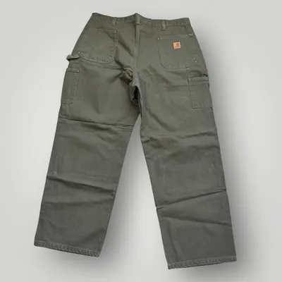Vintage Carhartt Duck Carpenter Pants — Grey Olive — full view, broken in condition