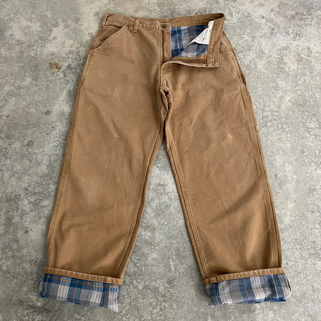 Vintage Carhartt Flannel Lined Duck Work Pants — Carhartt Brown — full view, broken in condition