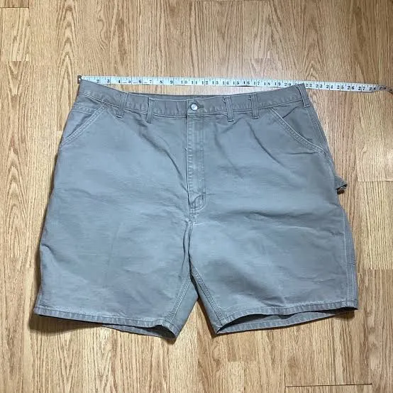 Vintage Carhartt Canvas Work Shorts — Slate Blue — full view, slightly worn condition