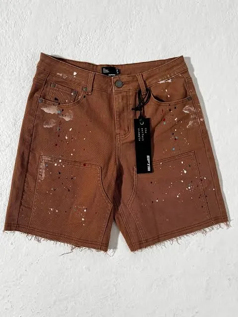 Vintage Carhartt Cut Off Double Knee Shorts — Paint Splatter Rust Brown — full view, slightly worn condition