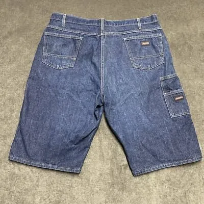 Vintage Carhartt Denim Carpenter Shorts — Medium Wash Blue — full view, slightly worn condition