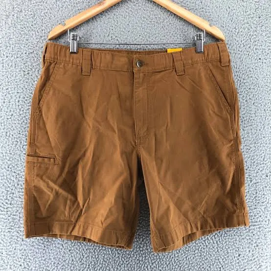 Vintage Carhartt Rugged Flex Canvas Work Shorts — Carhartt Brown — full view, broken in condition
