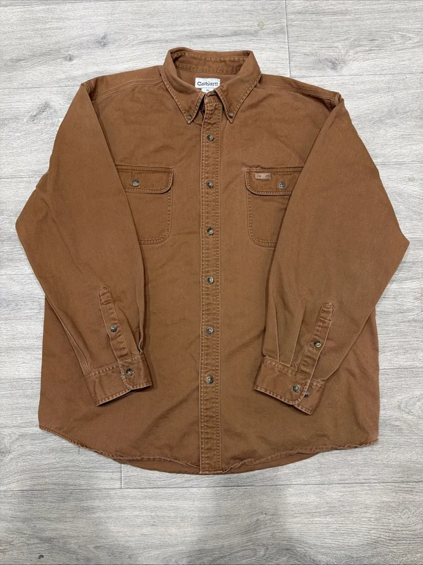 Vintage Carhartt Canvas Button-Up Work Shirt — Brown — full view, slightly worn condition