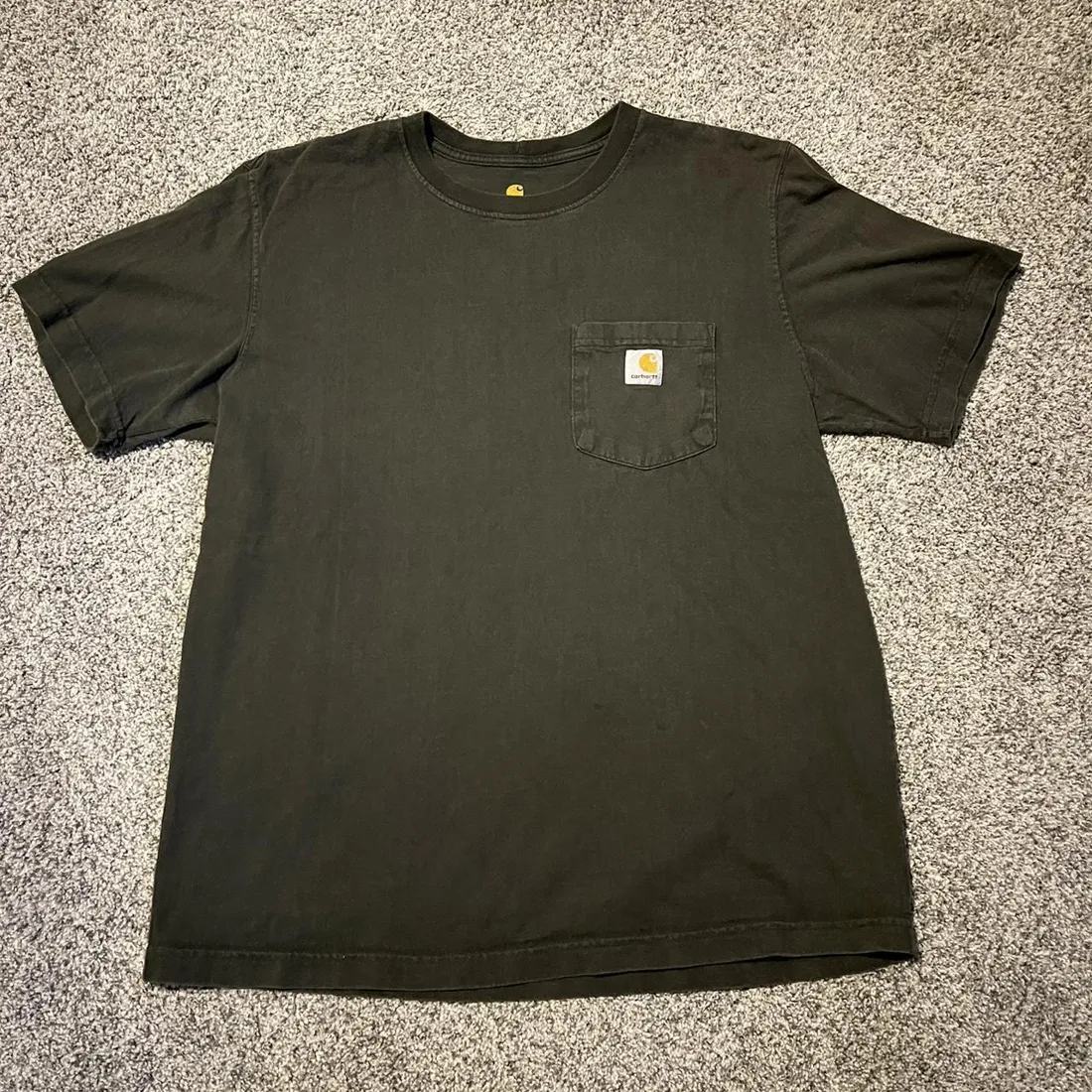 Vintage Carhartt K87 Workwear Pocket T Shirt — Dark Olive — full view, broken in condition