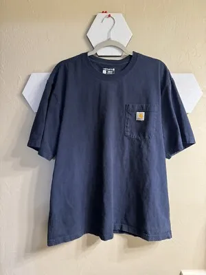Vintage Carhartt K87 Workwear Pocket T Shirt — Navy Blue — full view, broken in condition