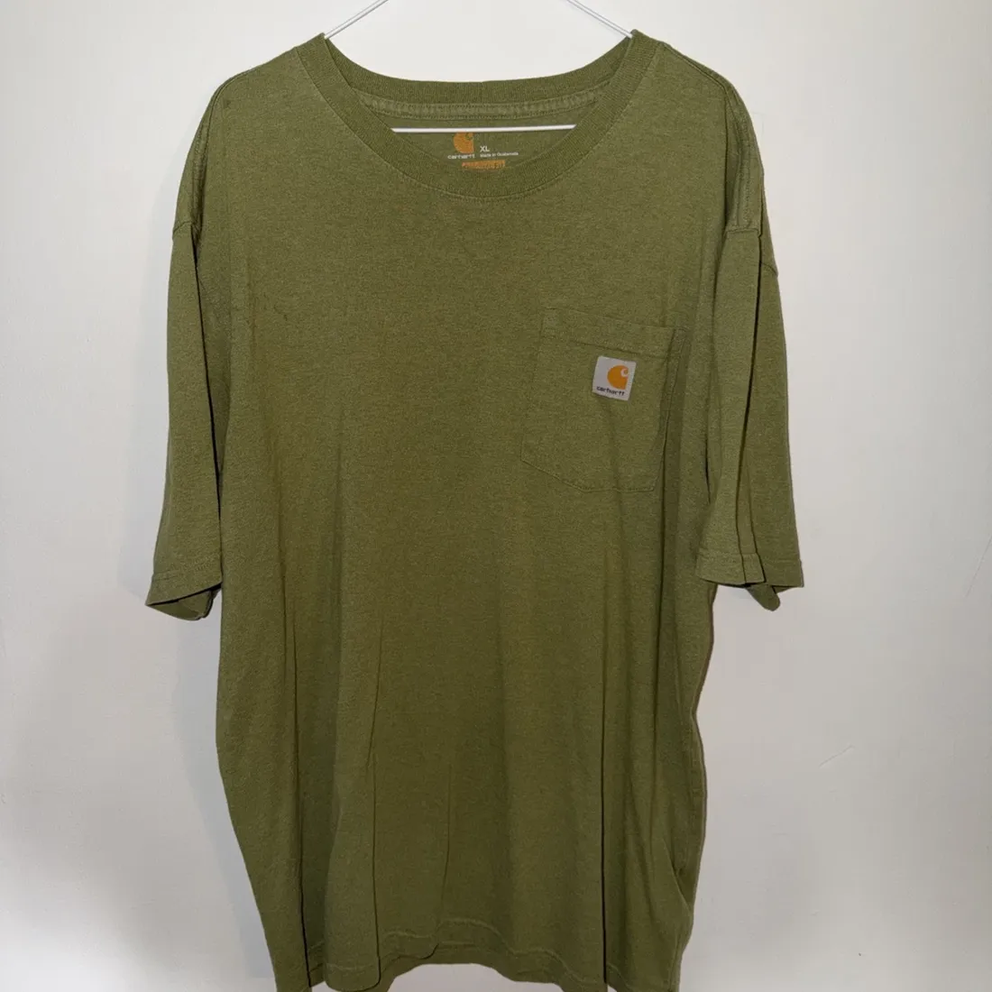 Vintage Carhartt K87 Workwear Pocket T Shirt — Olive Green — full view, slightly worn condition