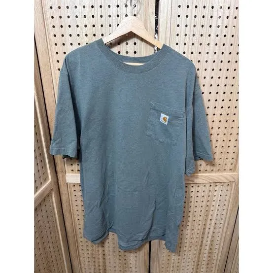 Vintage Carhartt K87 Workwear Pocket T Shirt — Steel Blue — full view, broken in condition