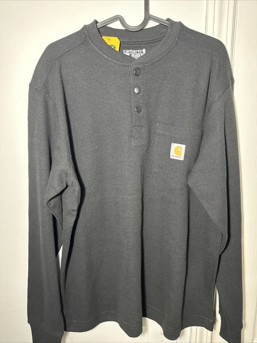 Vintage Carhartt Long Sleeve Henley Shirt — Charcoal Grey — full view, slightly worn condition