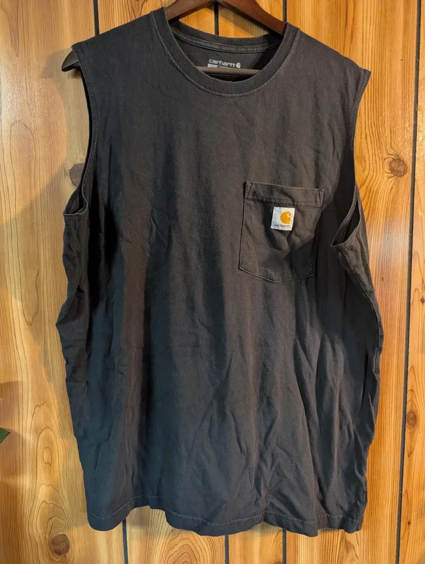 Vintage Carhartt Sleeveless Pocket T Shirt — Dark Brown — full view, slightly worn condition